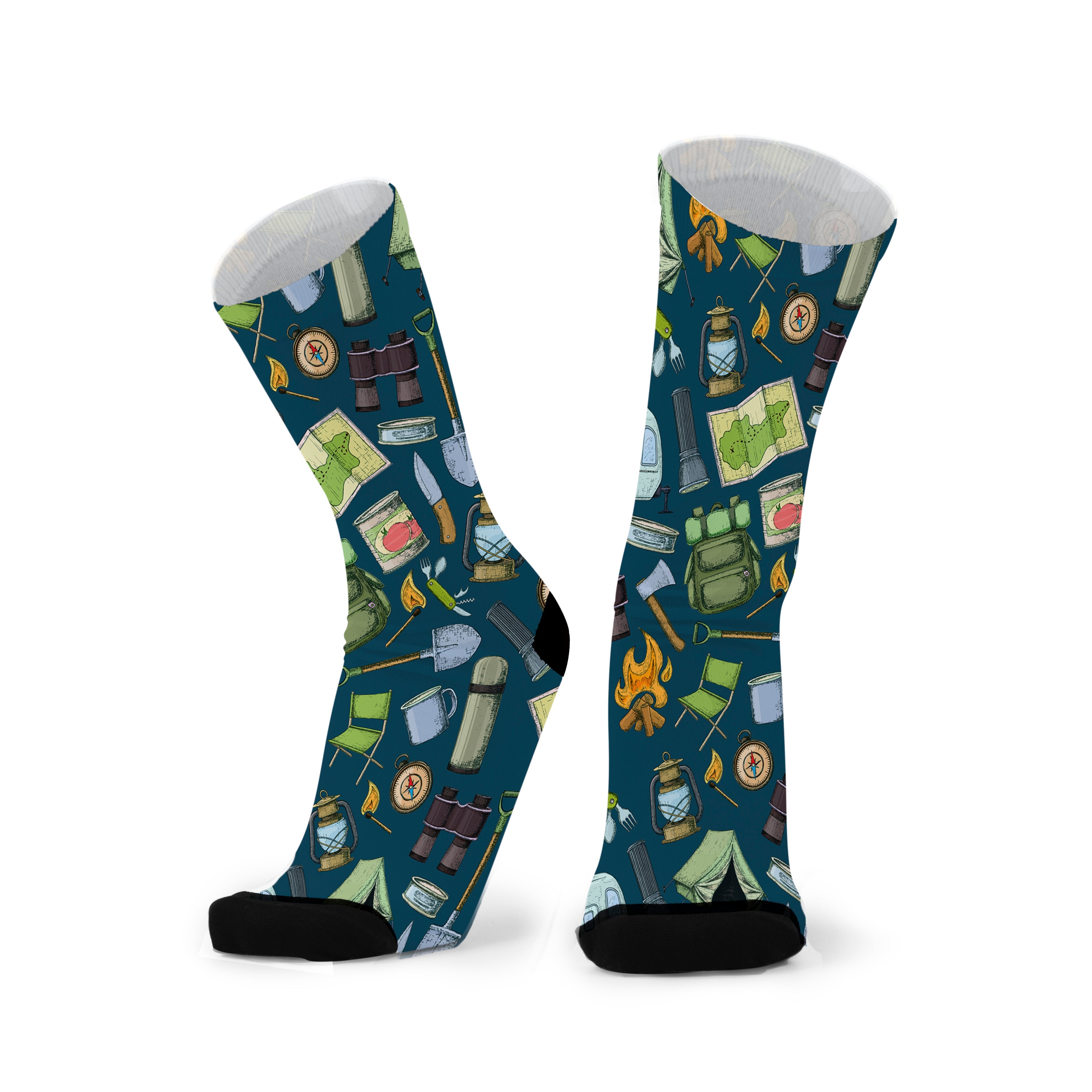 Pair of deep teal socks with black toes, printed with tents, lanterns, billy cans, pocket knives and camp chairs.