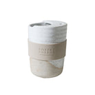 White speckle 350ml travel mug with lid and Robert Gordon silicone band, white background