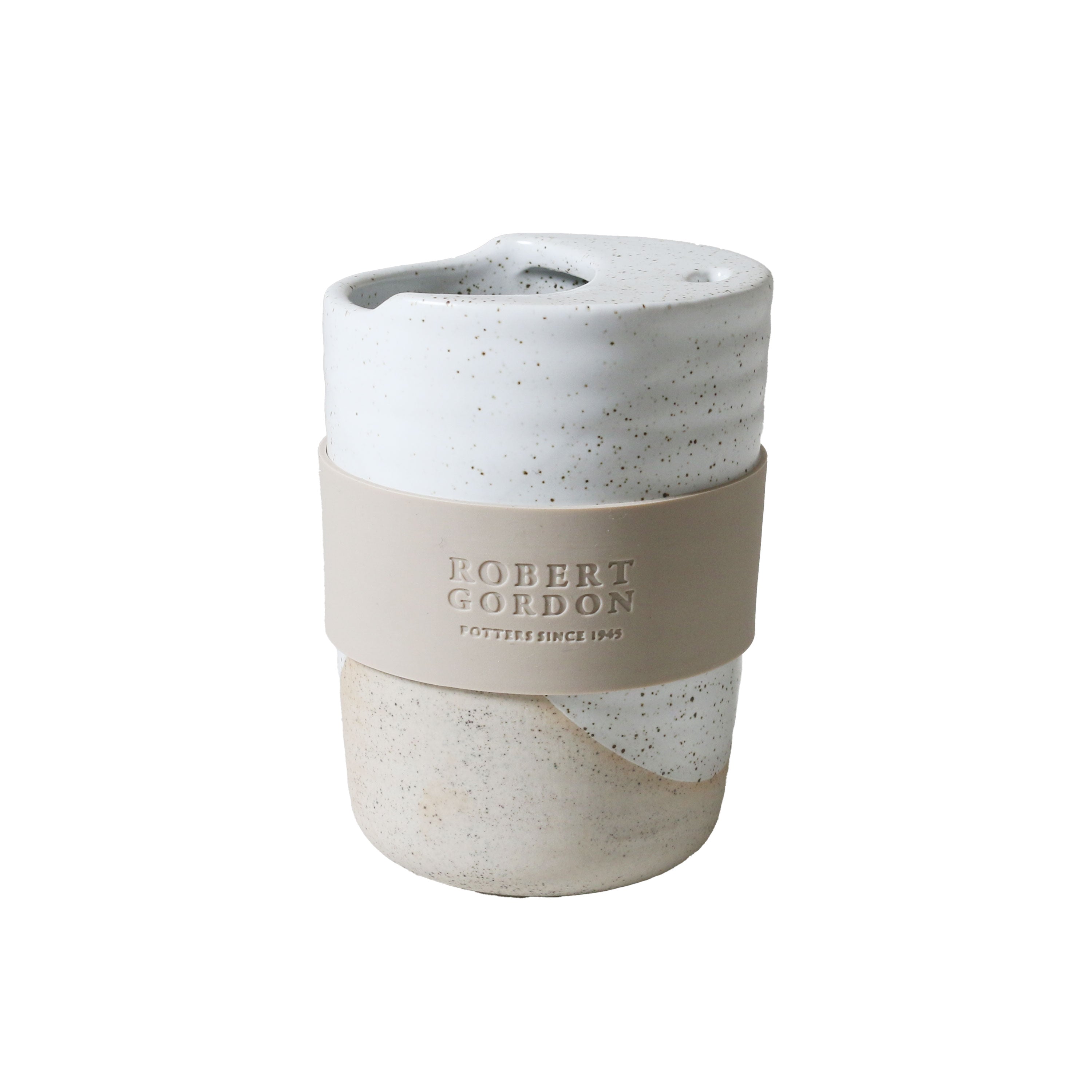 White speckle 350ml travel mug with lid and Robert Gordon silicone band, white background