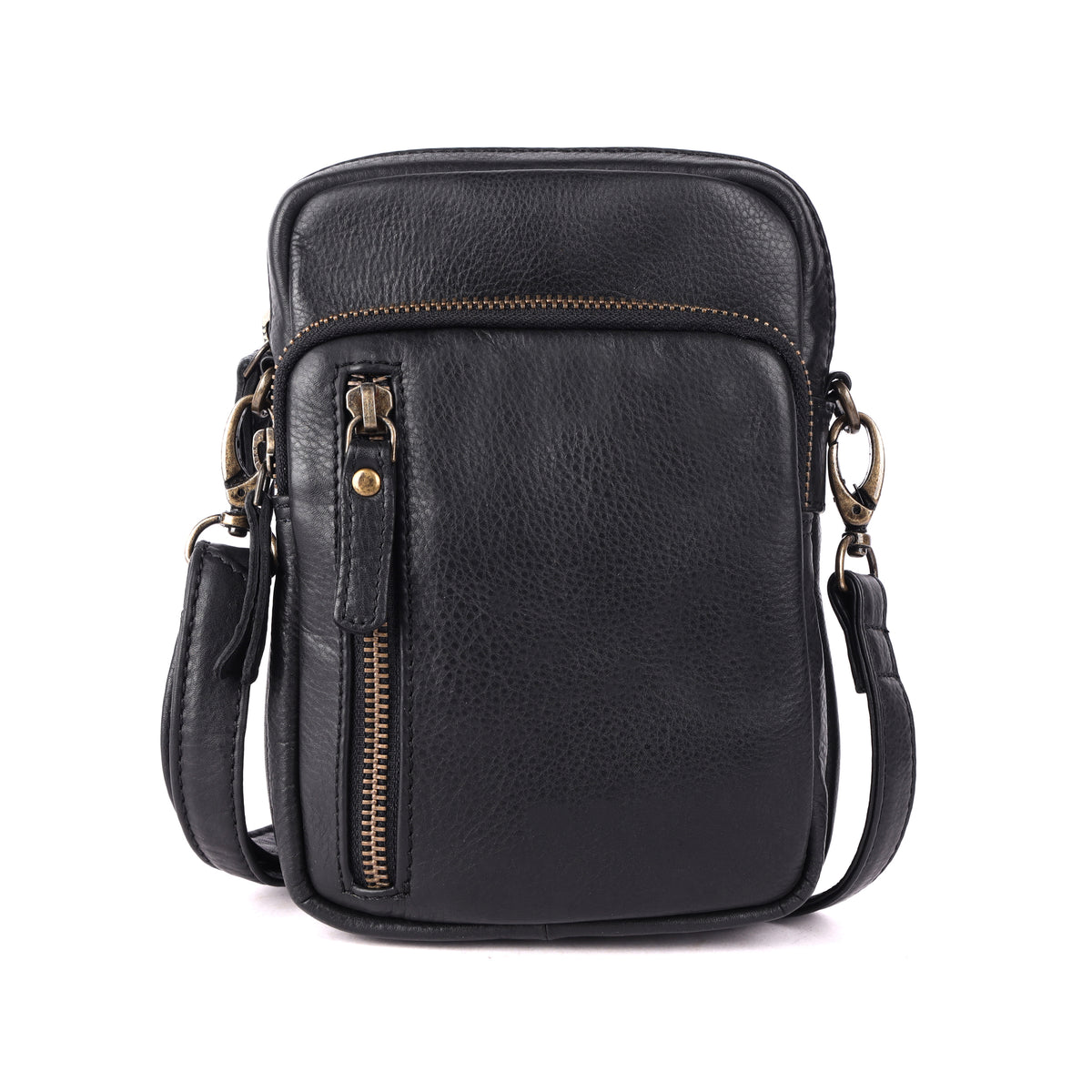 Black cross body bag from the front, zip pockets across the top and down the front