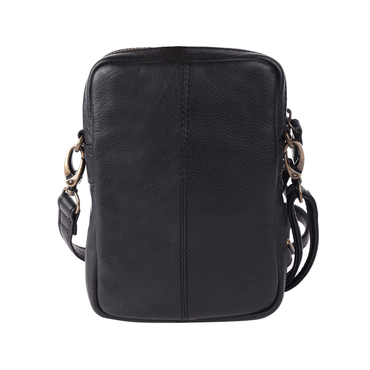 Back of the black bag, plain leather with a centre seam