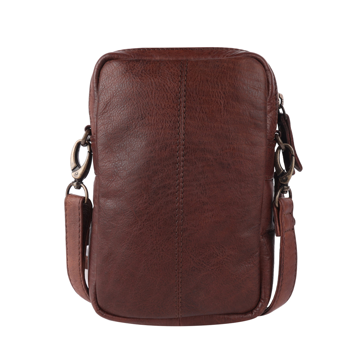 Back of the brown bag, plain leather with a centre seam