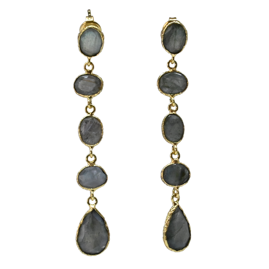 Euro Gold long drop earrings with linked grey oval gems and teardrop end