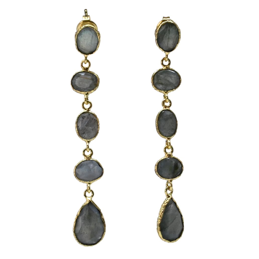 Euro Gold long drop earrings with five linked labradorite-grey gems