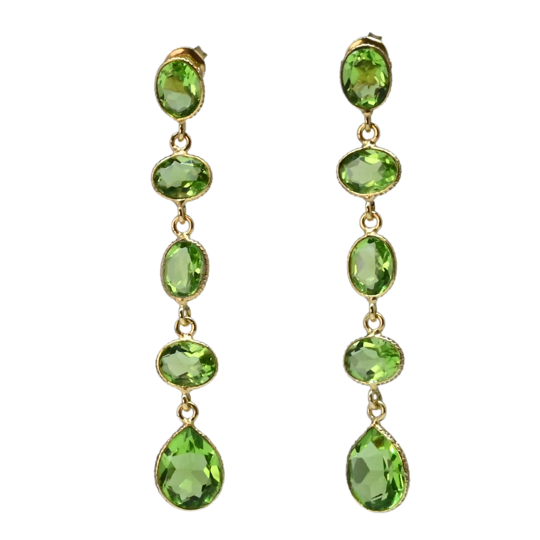 Euro Gold long drop earrings with five linked peridot-green faceted gems