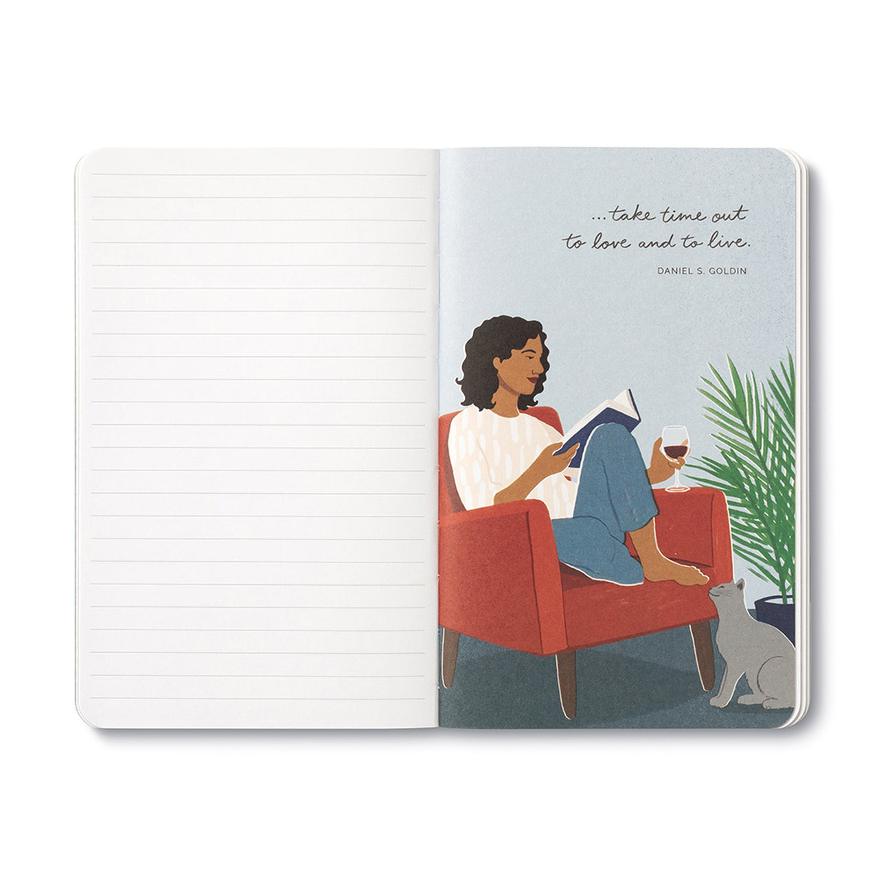 Open journal with lined pages beside an illustration of a woman reading in a red armchair with her dog
