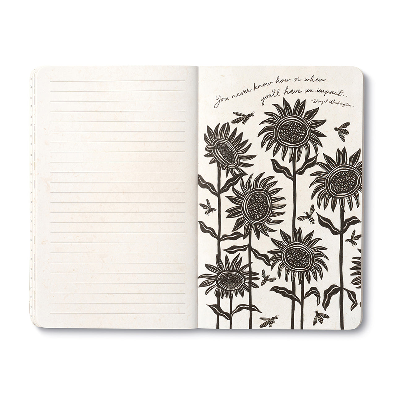 Open journal with lined pages beside a cream page of tall black sunflowers and bees, lettered: you never know how or when you'll have an impact