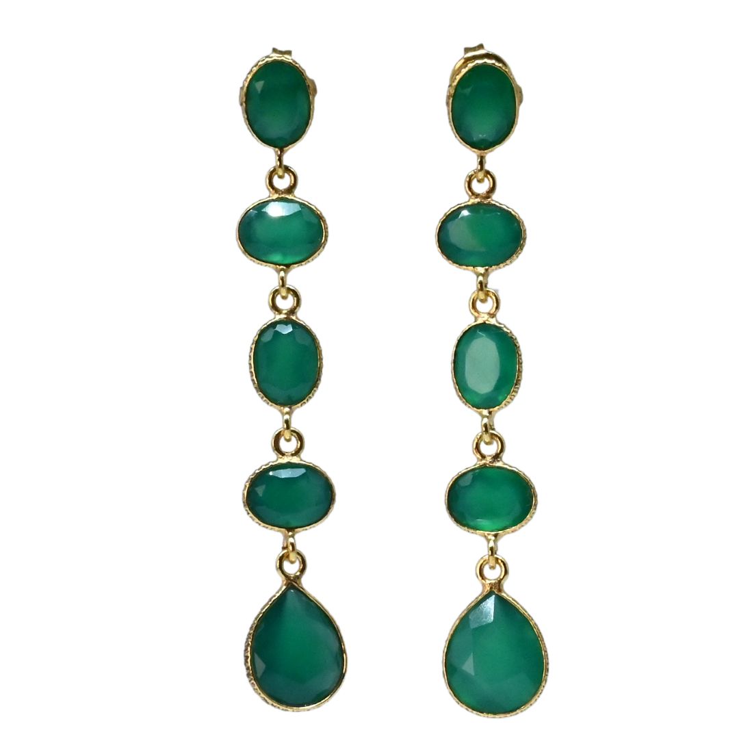 Euro Gold long drop earrings with five linked emerald-green oval gems
