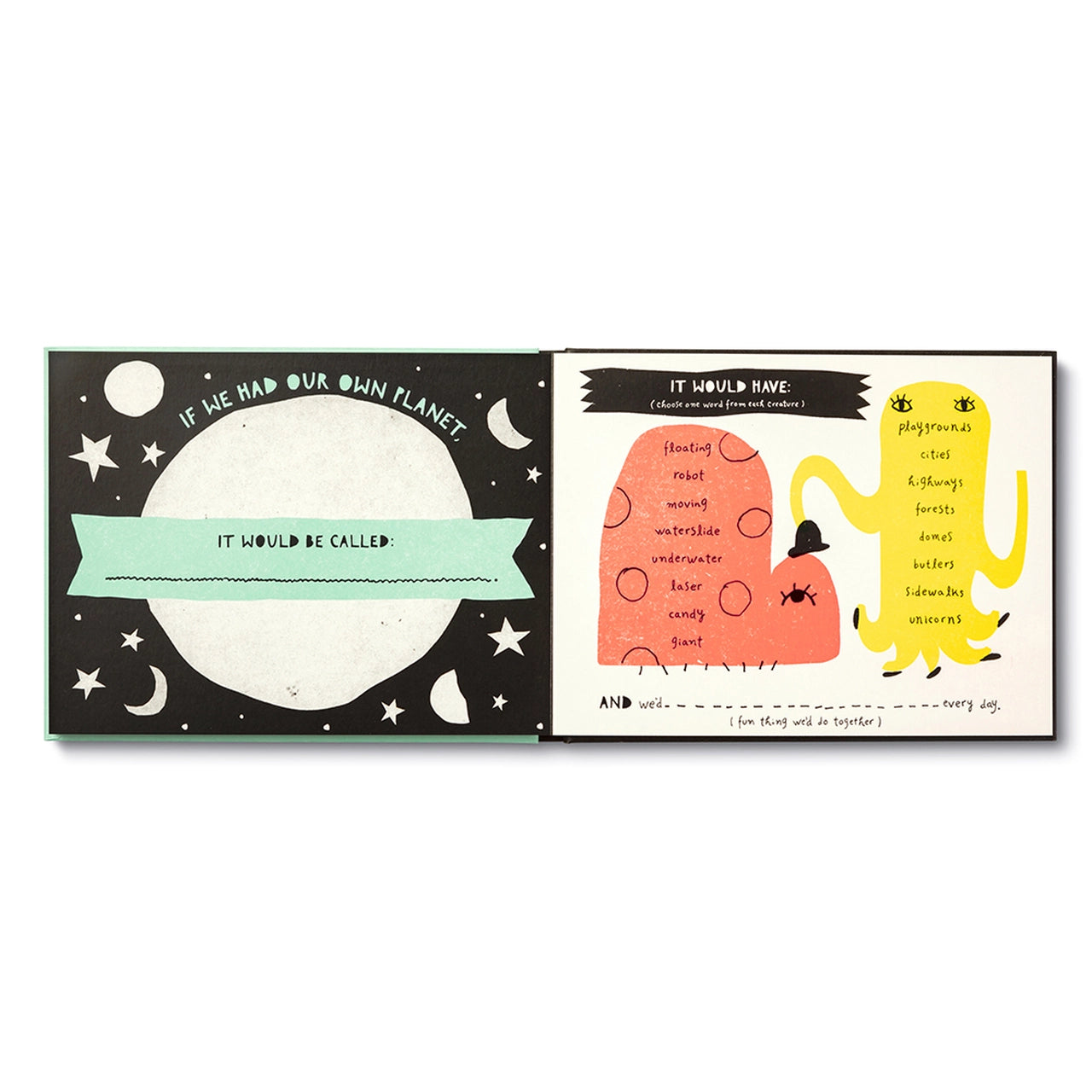 Black star-scattered spread asking what Dad's own planet would be called, facing a page of colourful awards
