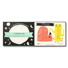 Black star-scattered spread asking what Dad's own planet would be called, facing a page of colourful awards