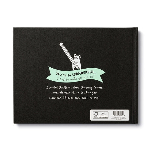 Black back cover with a small banner reading you're so wonderful above a short note about the book