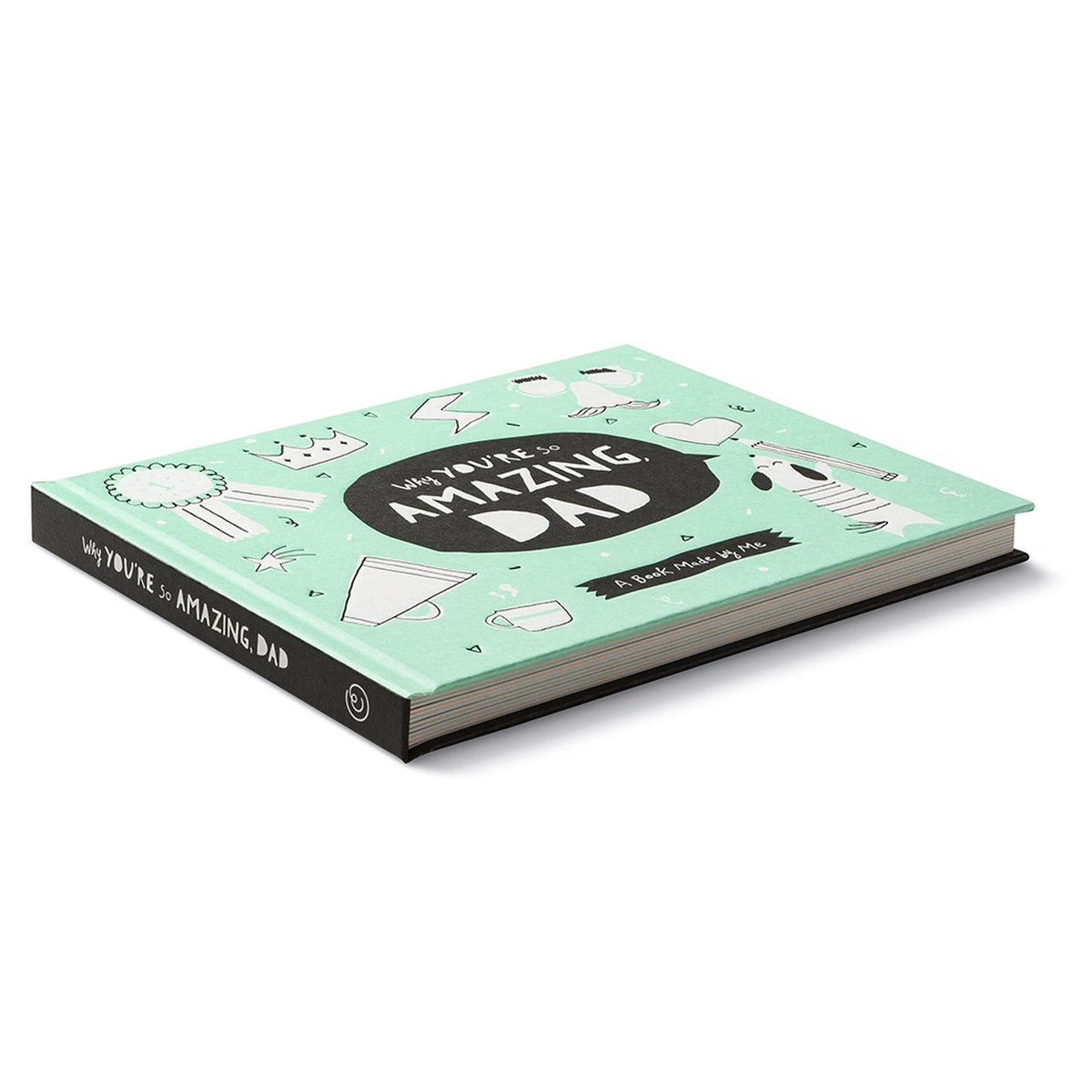 Angled view of the mint green hardcover lying closed