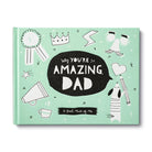 Mint green cover reading Why You're So Amazing, Dad, framed by hand-drawn doodles of a crown, rosette, megaphone and dog
