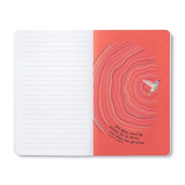 Open journal showing lined pages and a coral tree-ring breakout page with a hummingbird