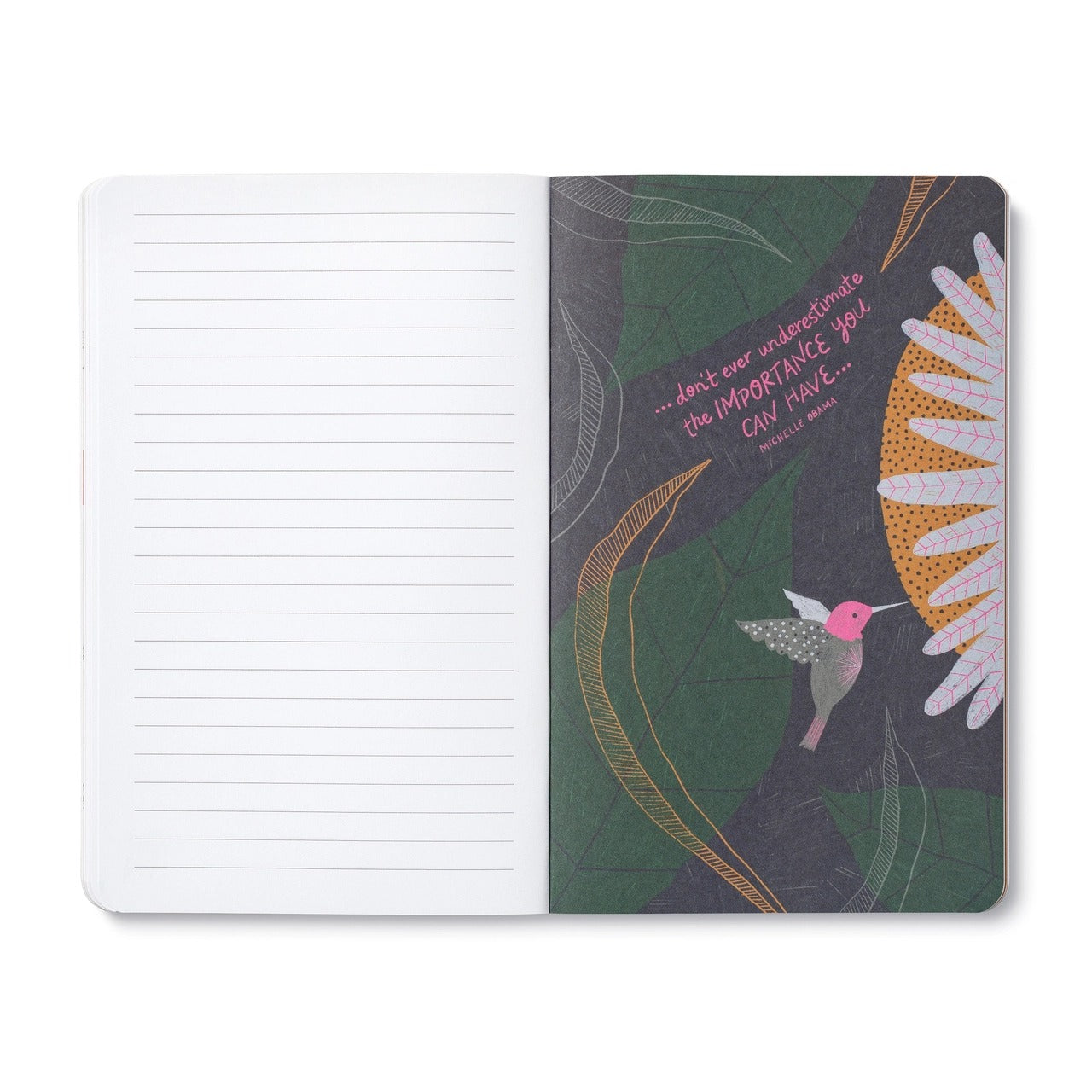 Open journal with lined pages and a dark floral breakout page with a hummingbird quote