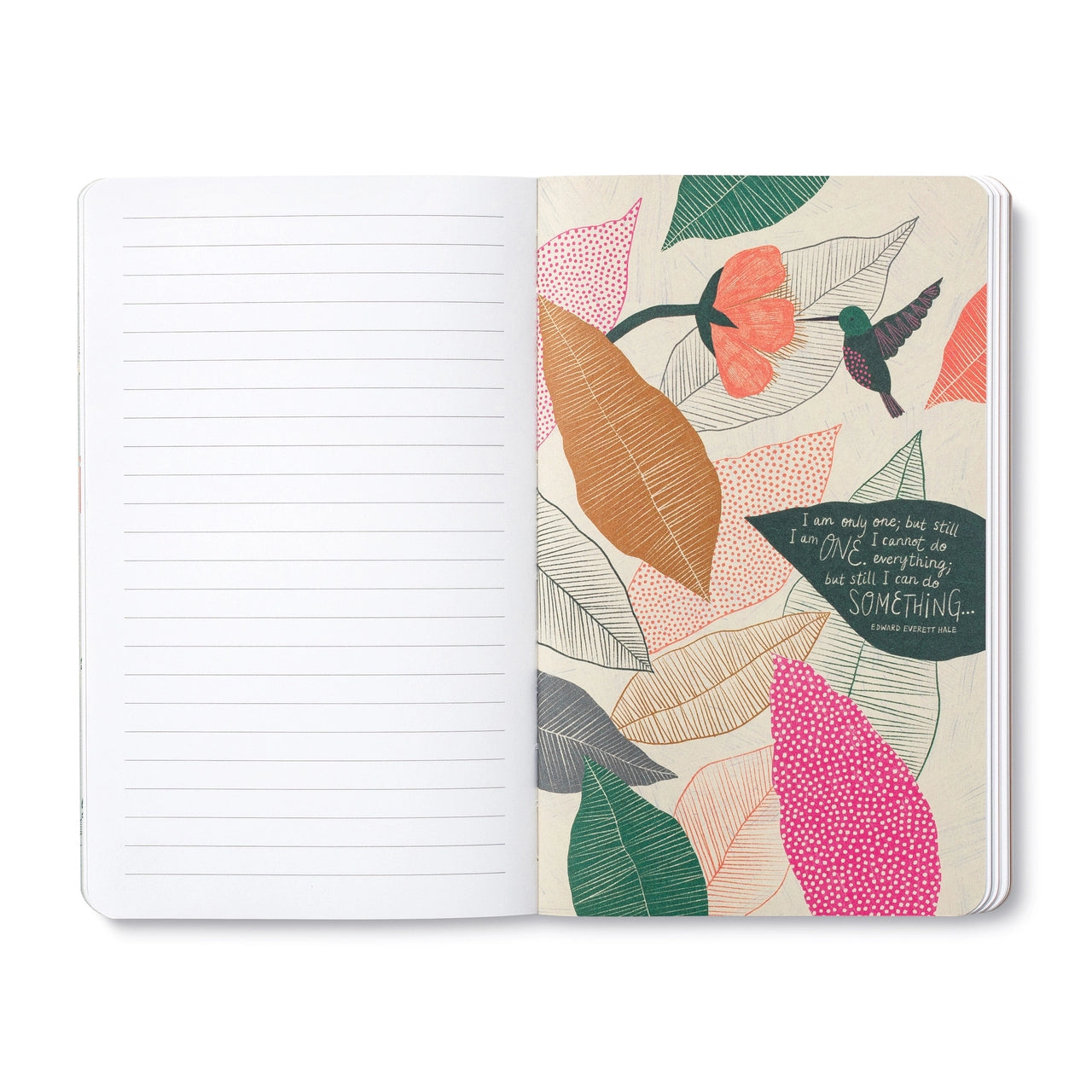 Open journal with lined pages beside a cream page of large stylised leaves in green, pink and tan with a hummingbird
