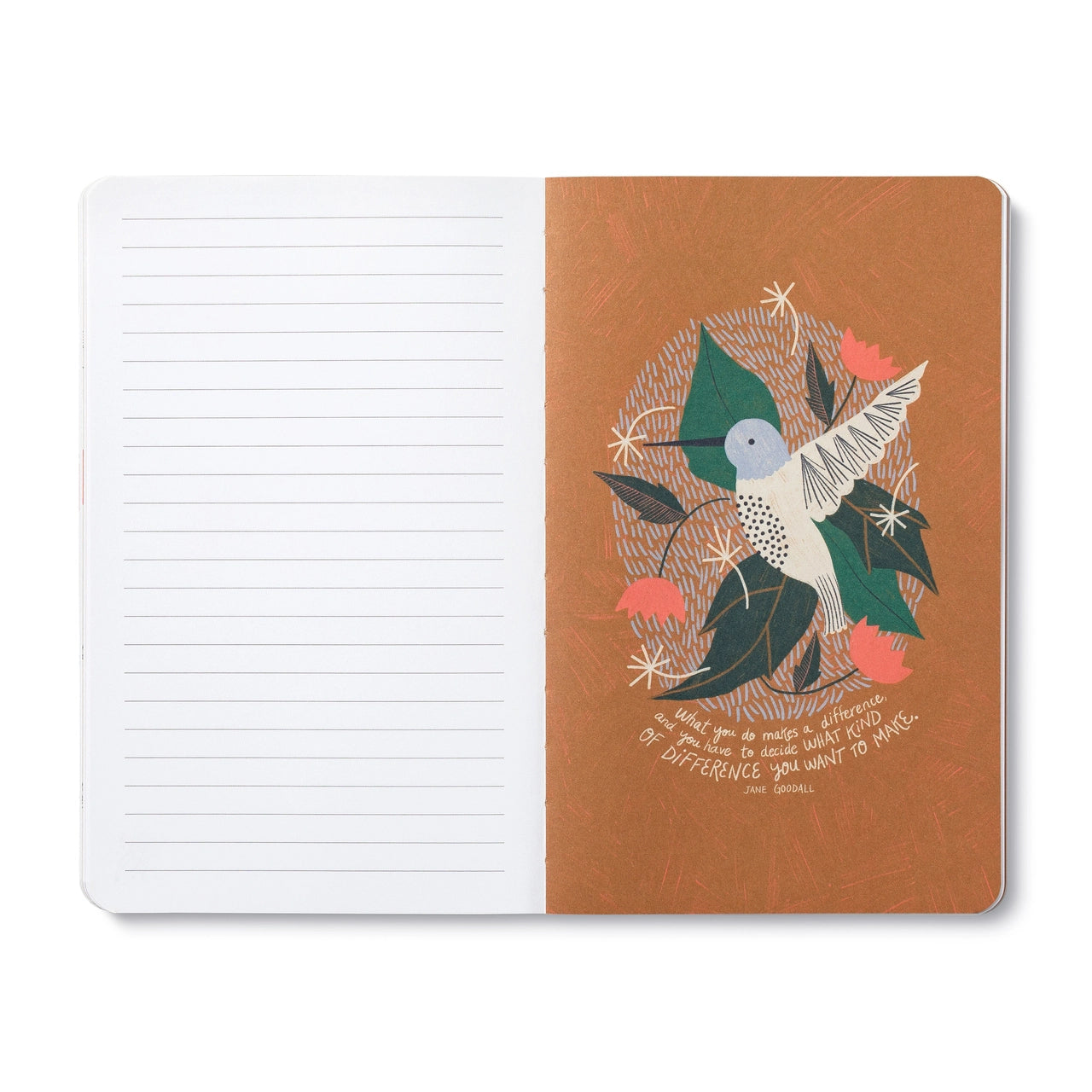 Open journal with lined pages beside a tan page of a pale hummingbird among green leaves and pink flowers