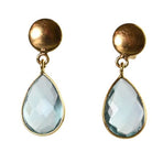 Euro Gold stud drop earrings with faceted pale blue topaz teardrops