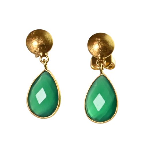 Euro Gold stud drop earrings with faceted green onyx teardrops