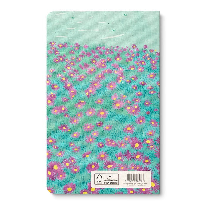 Back cover of the journal continuing the pink flower meadow artwork