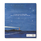 Navy back cover with a lighthouse under a starry sky and the closing invitation to read one more book
