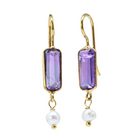 Euro Gold earrings with rich purple amethyst bars and freshwater pearl drops, on white background