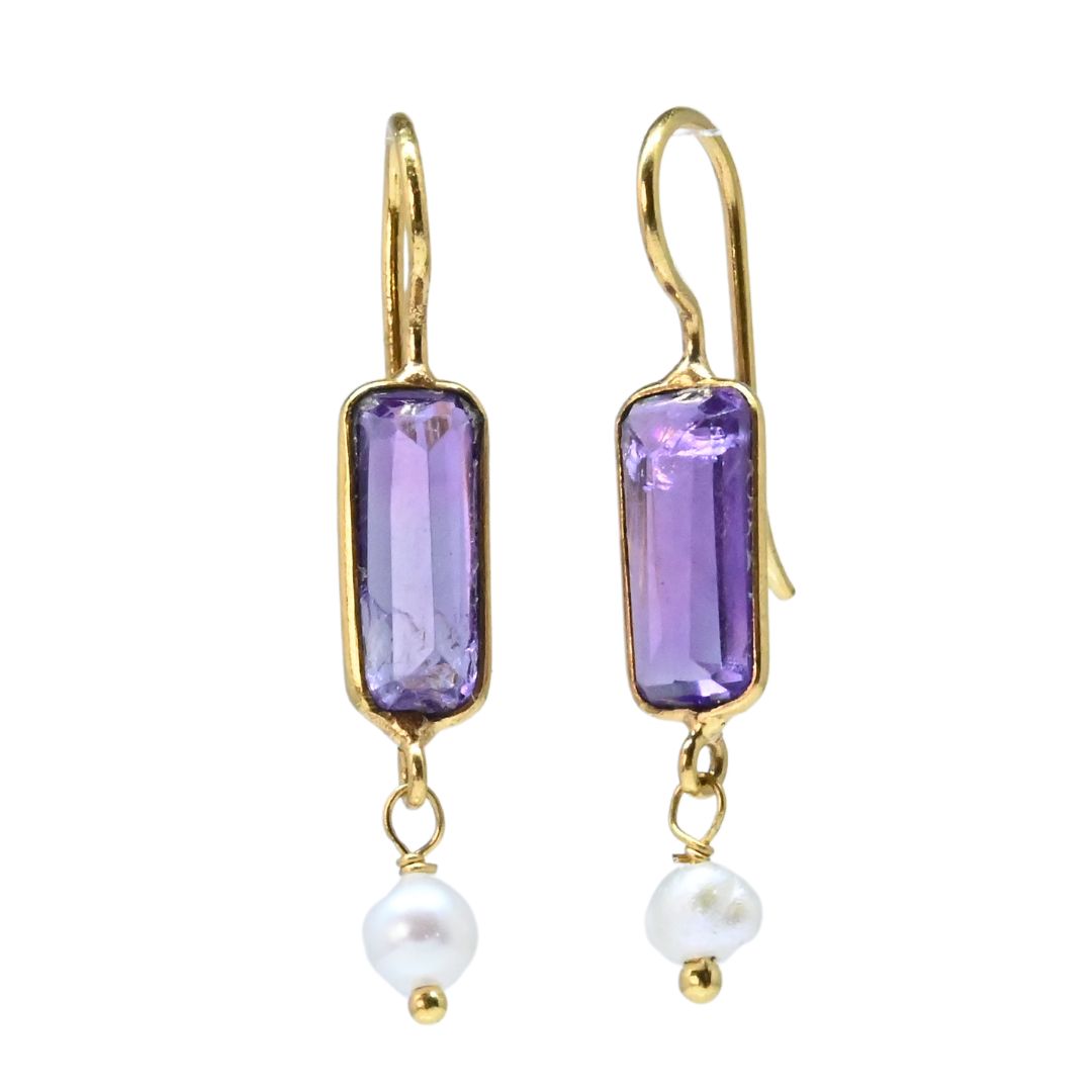 Euro Gold earrings with faceted amethyst bars and freshwater pearl drops