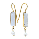 Euro Gold earrings with pale moonstone bars and freshwater pearl drops, on white background