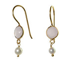Euro Gold earrings with a round rose quartz stone and freshwater pearl drop