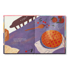 Open spread of a purple kitchen scene with a pie, scattered fruit and an open notebook