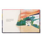Open spread with a short passage beside a painting of a small white house among trees