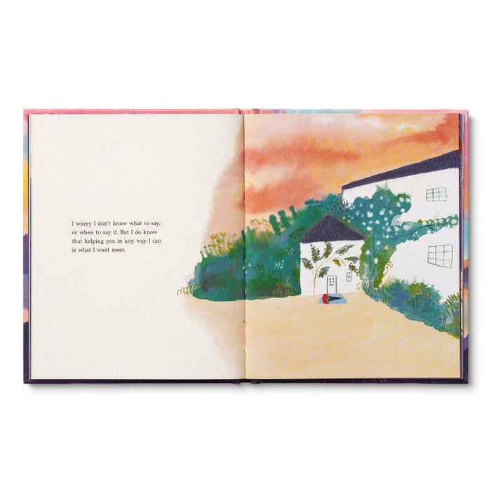 Open spread with a short passage beside a painting of a small white house among trees