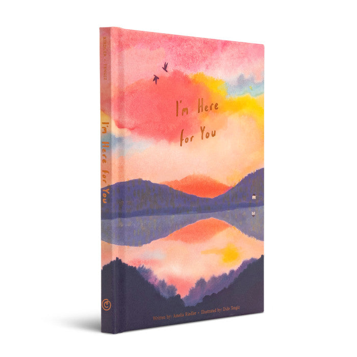 Angled view of the hardcover standing upright, showing the sunrise cover and spine