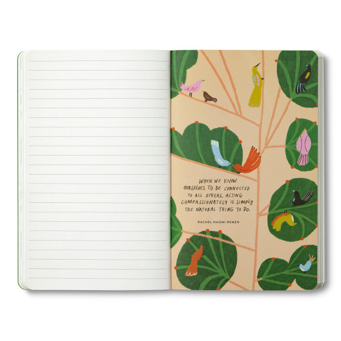 Open journal with a leafy breakout page of small birds and a Rachel Naomi Remen quote on compassion