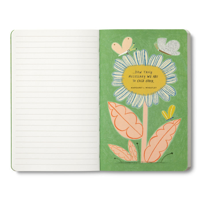 Open journal with a green breakout page of a daisy and butterflies on how we resemble each other