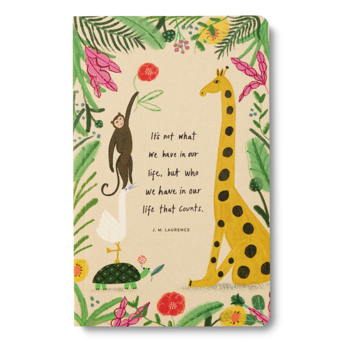 Journal cover with a giraffe, monkey, goose and tortoise in a jungle border and a quote on who we have in our life