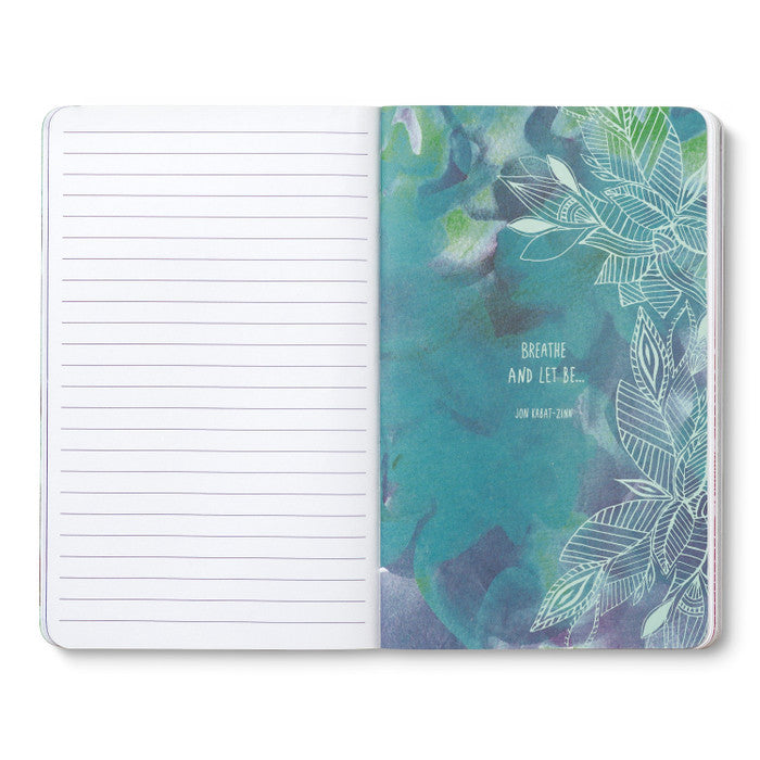 Open journal with lined pages beside a teal breakout page of line-drawn leaves and a short quote