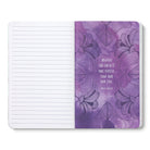 Open journal with lined pages beside a purple breakout page of line-drawn petals and a quote