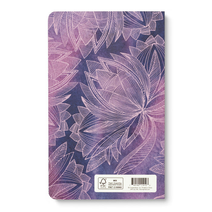 Back cover continuing the pink and purple lotus artwork, with the barcode panel