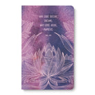 Journal cover with a white line-drawn lotus on deep purple and pink, lettered with the Carl Jung quote about looking outside and inside