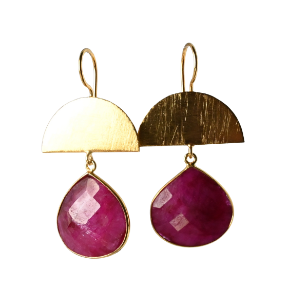 Brushed gold half-moon earrings with large faceted raspberry-pink ruby drops