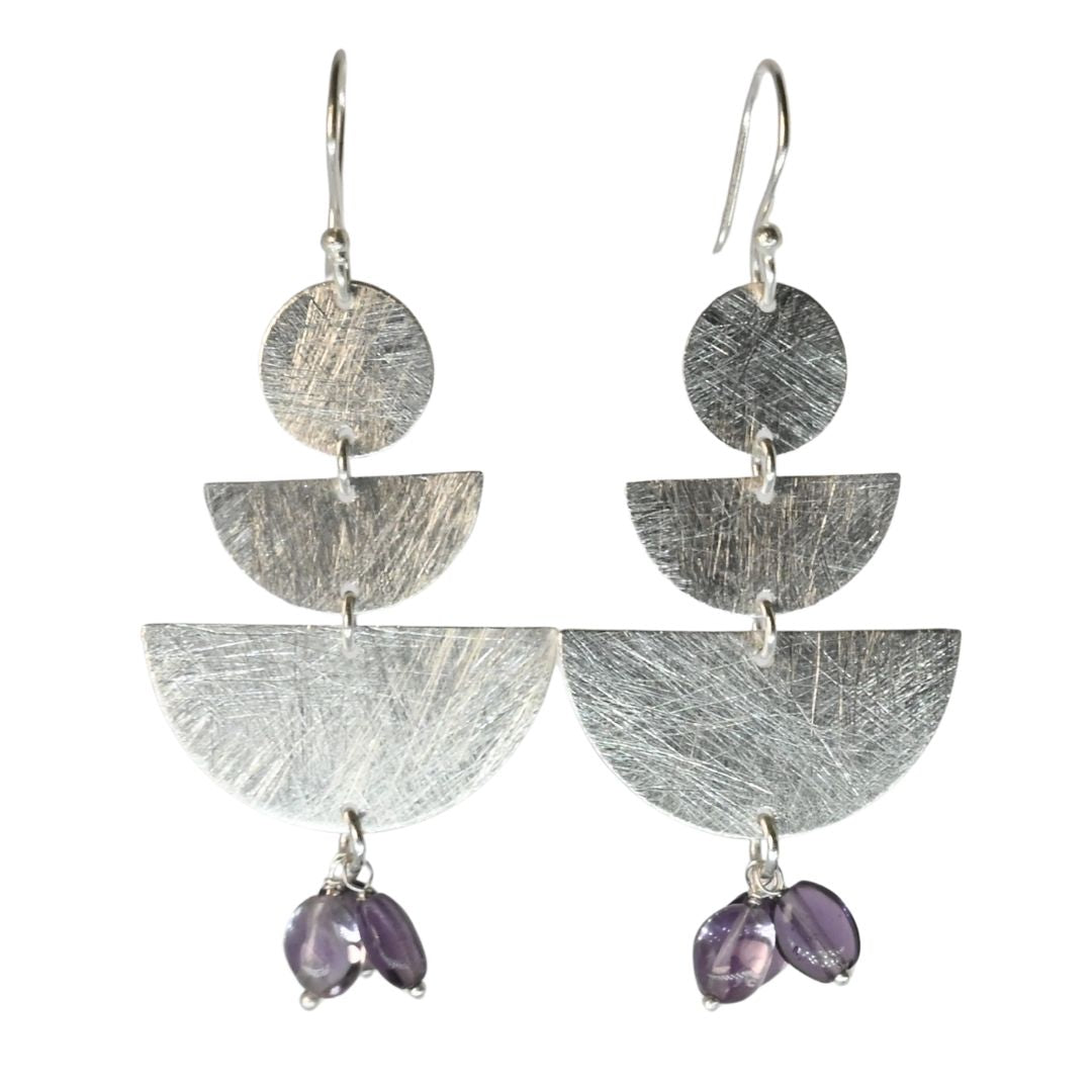Euro Silver fan drop earrings with amethyst-purple gemstone chips