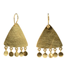 Brushed gold triangle earrings on hooks with a fringe of small gold discs