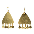 Brushed gold triangle earrings on hooks with a fringe of small gold discs