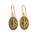Textured gold oval drop earrings with a flower motif and a teal-green onyx centre