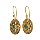 Textured gold oval drop earrings with a flower motif and a teal-green onyx centre