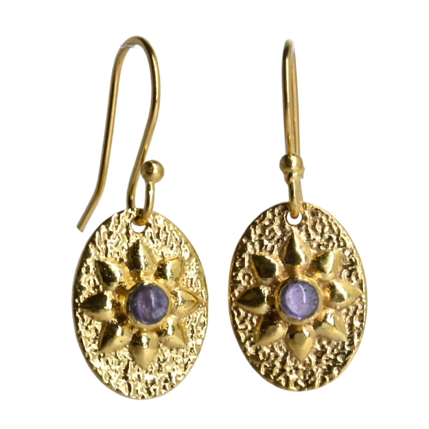 Textured gold oval drop earrings with a flower motif and a violet amethyst centre