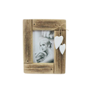 Rustic light timber photo frame holding a black and white portrait, with two small white wooden hearts tied to the right-hand side on twine.
