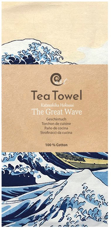 The Great Wave tea towel folded in its kraft Tea Towel belly band.