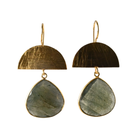Brushed gold half-moon earrings with large faceted grey labradorite drops